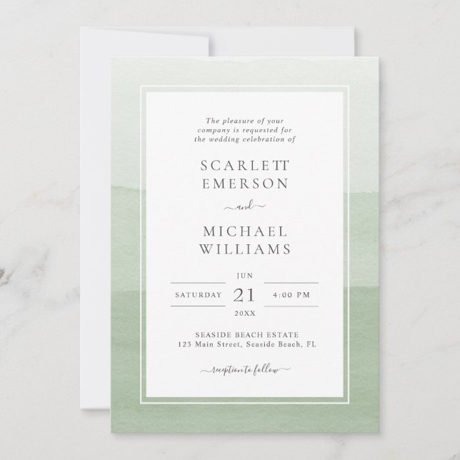 Convite de Casamento Aquarela Sage Moderno (Frente)