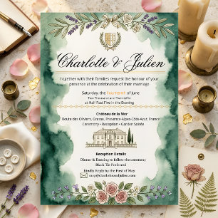 Convite de Casamento Aquarela Verde Chateau França