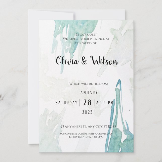 Convite de Casamento Aquarela Verde Mínimo (Frente)