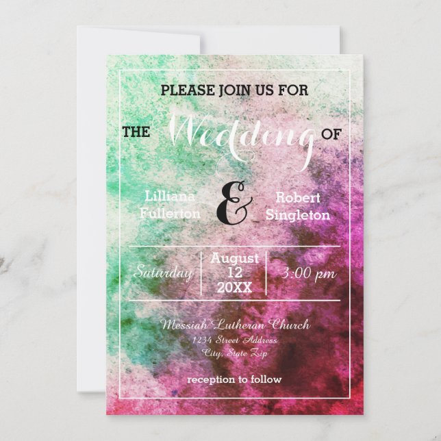 Convite de Casamento - Aquarela Verde/Rosa (Frente)