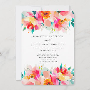 Convite de Casamento Aquarela Vibrante Floral Rosa