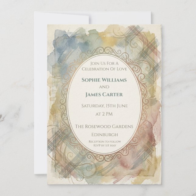 Convite de Casamento Aquarela Xadrez Pastel (Frente)