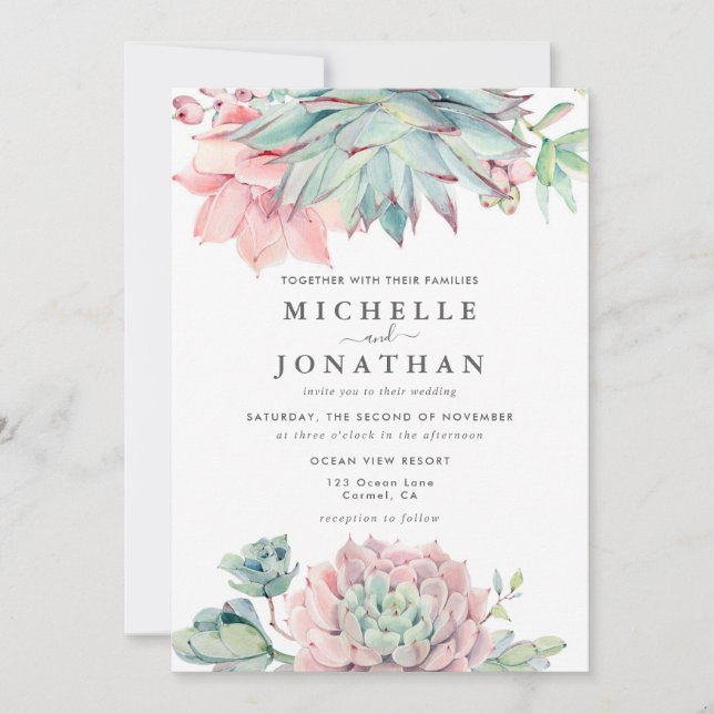 Convite de Casamento Aquarelado de Suculentas Cost (Frente)
