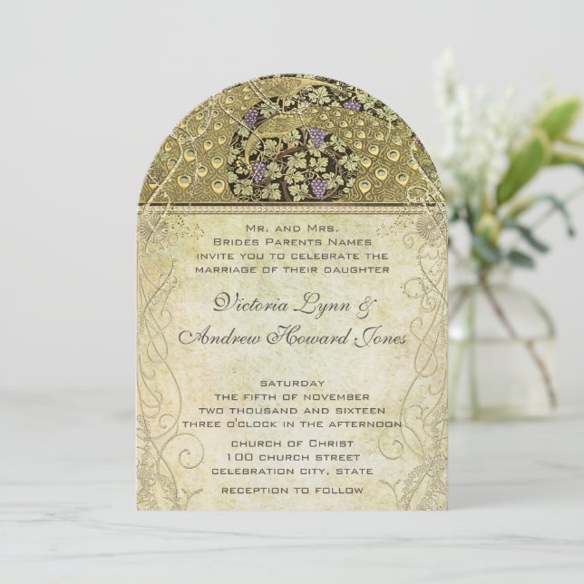 Convite de Casamento Arco Art Nouveau Pavão (Em pé/Frente)