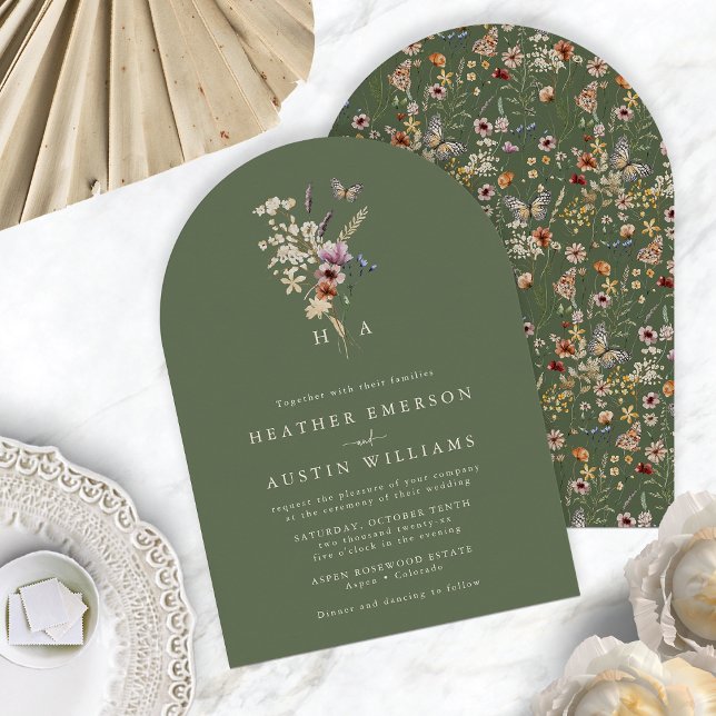 Convite de Casamento Arco Boho Verde Sálvia (Watercolor Sage Green Boho Wildflower Arch Wedding Invitation by Painted Paperie
)