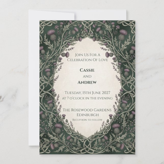 Convite de Casamento Arco Celta Cardo Verde Escuro (Frente)
