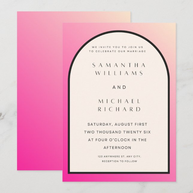 Convite de Casamento Arco com Degradê Rosa Moderno (Frente/Verso)