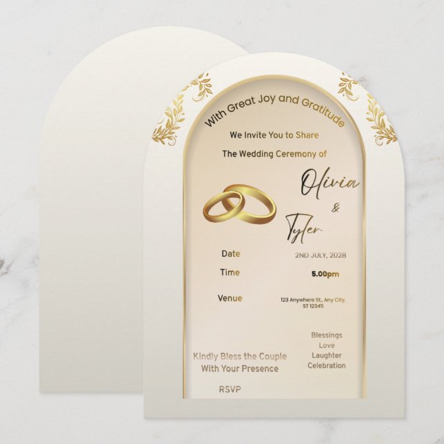 Convite de Casamento Arco de Ouro Luxuoso – Modo E (Frente/Verso)