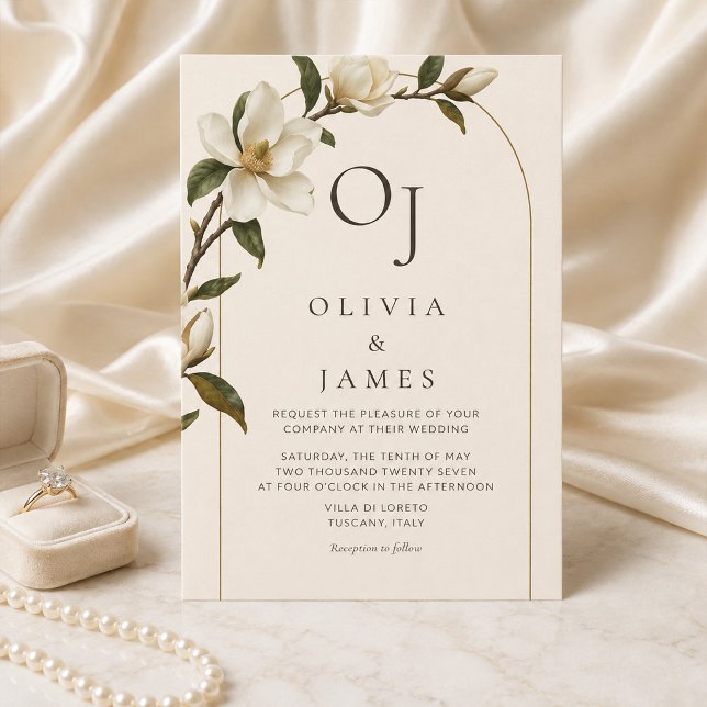 Convite de Casamento Arco Dourado Magnólia Marfim (Ivory Magnolia Gold Arch Wedding Invitation)