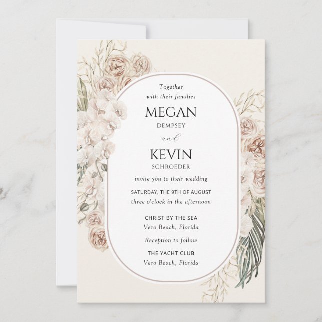Convite de Casamento Arco Floral Boho Marfim Rosad (Frente)