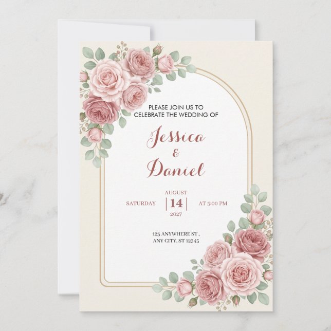 Convite de Casamento Arco Floral Romântico Rosa Be (Frente)