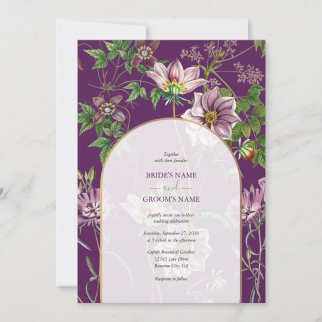 Convite de Casamento Arco Floral Roxo Dourado (Frente)