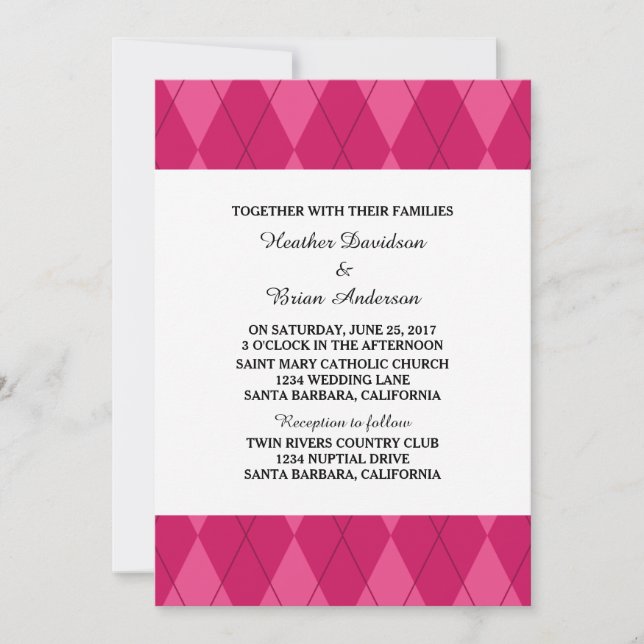 Convite de casamento Argyle Rosa (Frente)