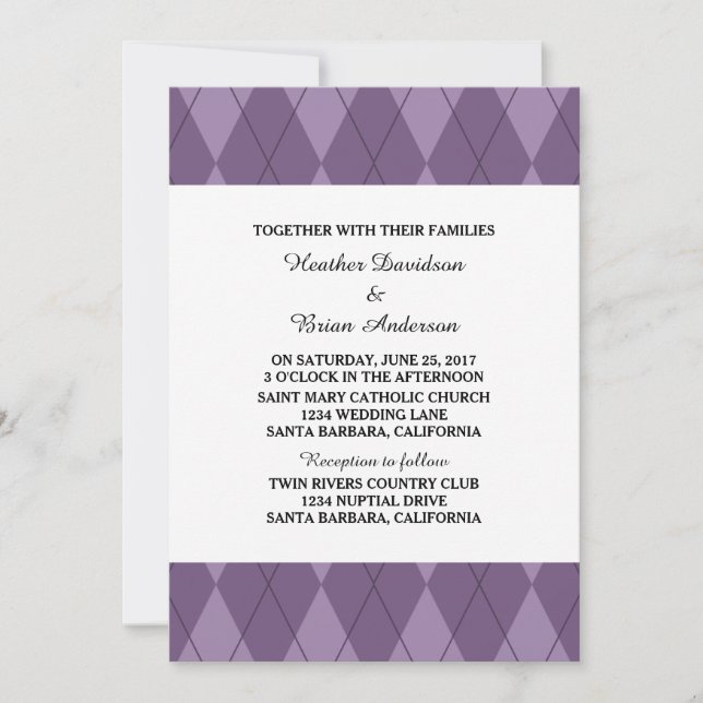 Convite de casamento Argyle Roxo (Frente)