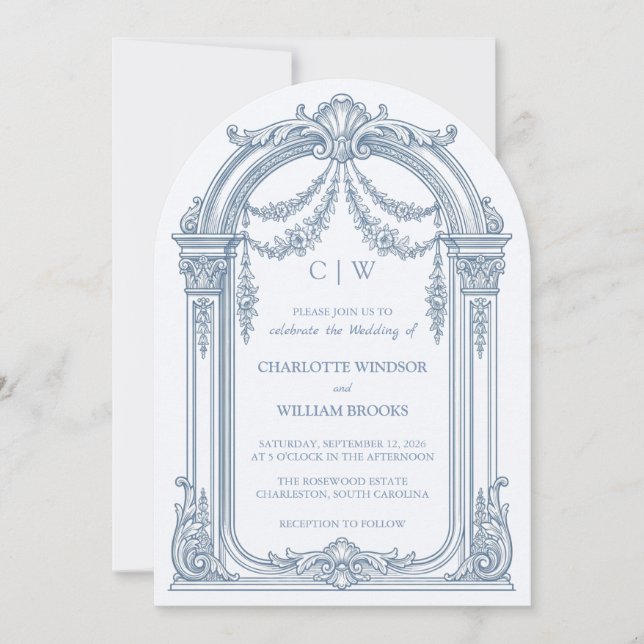 Convite de Casamento Arqueado Azul Poeirento Barro (Frente)
