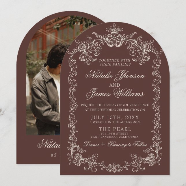 Convite de Casamento Arqueado Café Espresso Vintag (Frente/Verso)