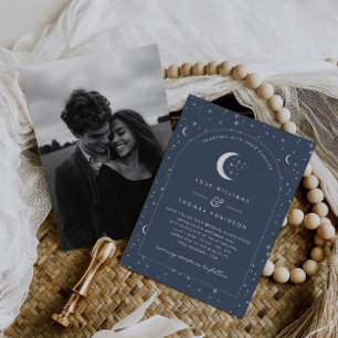 Convite de Casamento Arqueado Celestial Marinho Fo
