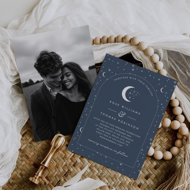 Convite de Casamento Arqueado Celestial Marinho Fo (Zazzle Navy Celestial Arched Wedding Invitation Photo)