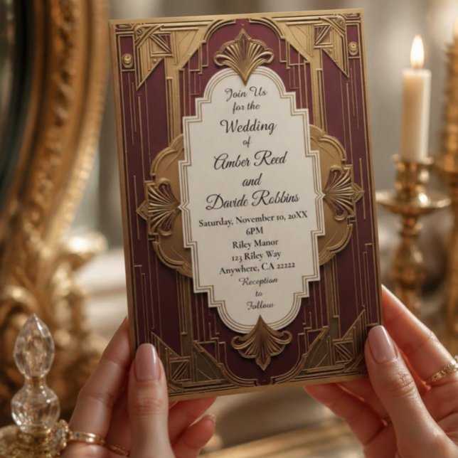 Convite de Casamento Art Deco Burgundy & Dourado V (AI Generated Hands )