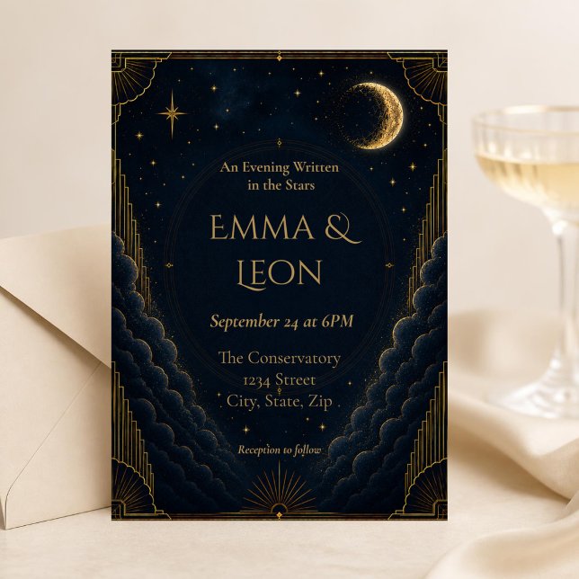 Convite de Casamento Art Déco Celestial | Azul-Nav (Elegant navy and gold celestial Art Deco wedding invitation featuring a crescent moon & starry night)