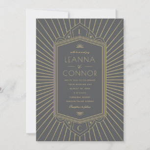 Convite de Casamento Art Déco Cinza Raios Dourados