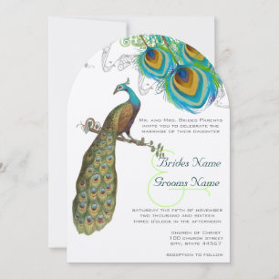 Convite de Casamento Art Deco com 3 Penas de Pavão