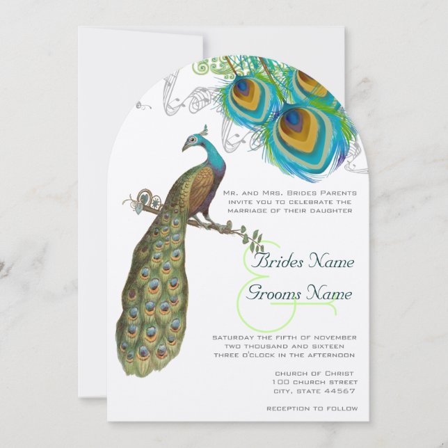 Convite de Casamento Art Deco com 3 Penas de Pavão (Frente)