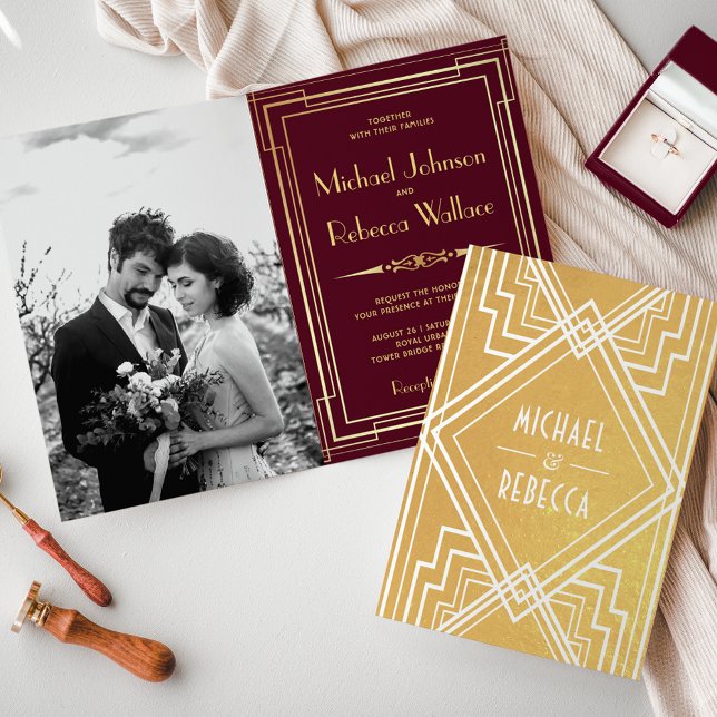 Convite de Casamento Art Déco com Folha de Ouro e  (Criador carregado)