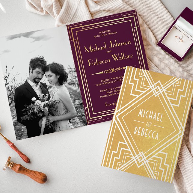 Convite de Casamento Art Déco com Folha de Ouro e  (Criador carregado)