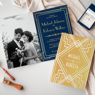 Convite de Casamento Art Déco com Laminação Dourad