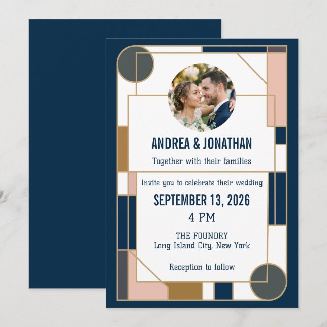 Convite de Casamento Art Déco Editável com Foto (Frente/Verso)