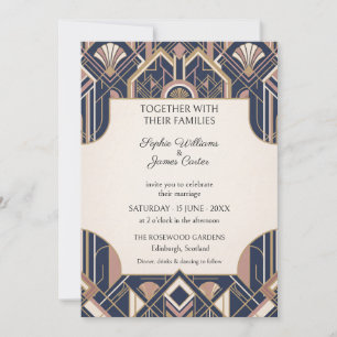 Convite de Casamento Art Déco em Azul Marinho e Do