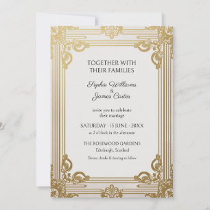 Convite de Casamento Art Déco Gatsby em Ouro Branc
