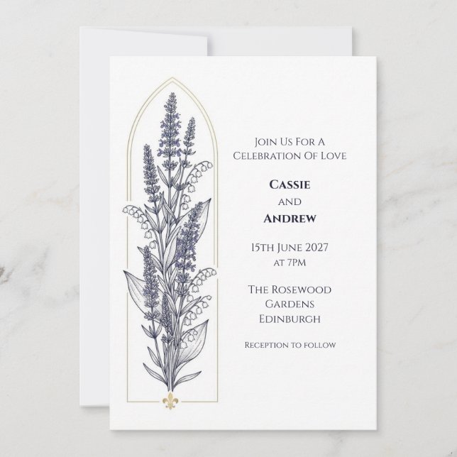 Convite de Casamento Art Deco Lírio Lavanda (Frente)