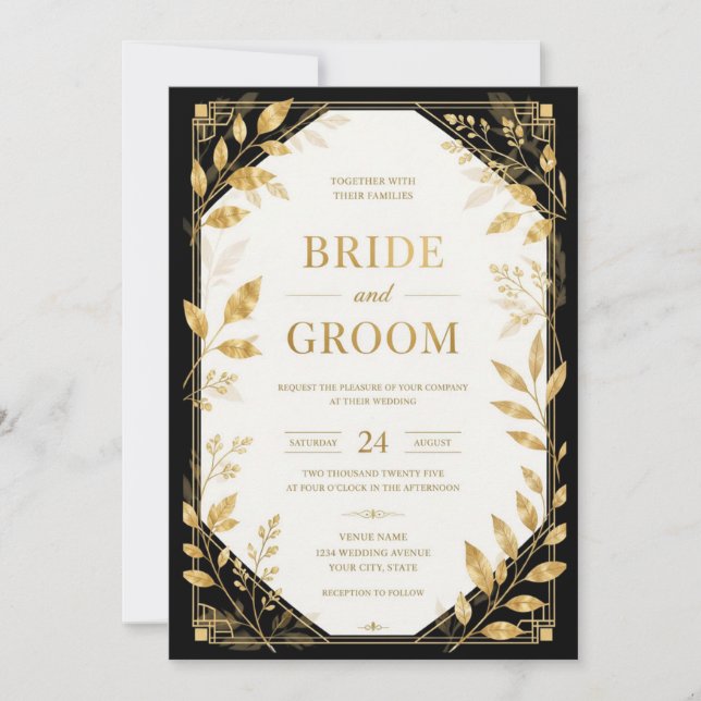 Convite de Casamento Art Déco Moderno Preto Dourad (Frente)