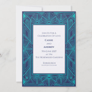 Convite de Casamento Art Déco Pavão Azul