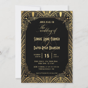 Convite de Casamento Art Déco Preto Dourado Elegan