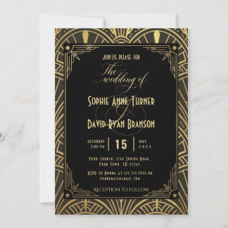 Convite de Casamento Art Déco Preto Dourado Elegan