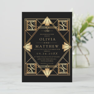 Convite de Casamento Art Déco Preto e Dourado
