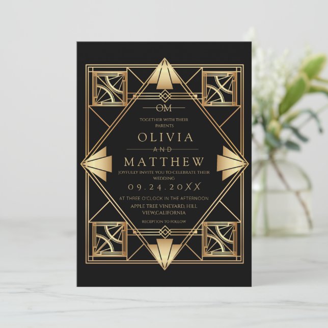 Convite de Casamento Art Déco Preto e Dourado (Em pé/Frente)
