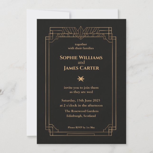Convite de Casamento Art Déco Preto e Dourado | El (Frente)
