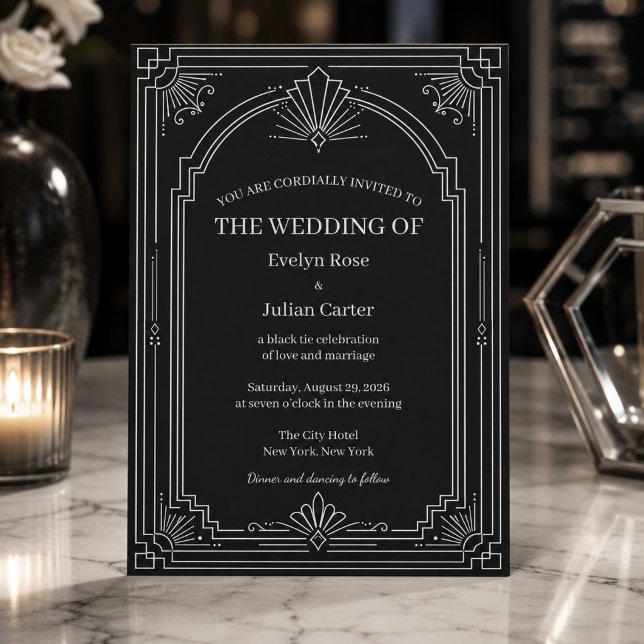 Convite de Casamento Art Déco Preto Ônix Arqueado (Criador carregado)