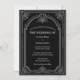 Convite de Casamento Art Déco Preto Ônix Arqueado