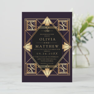 Convite de Casamento Art Déco Roxo e Dourado