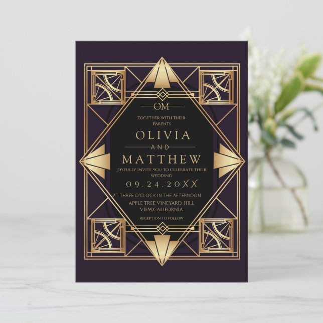 Convite de Casamento Art Déco Roxo e Dourado (Em pé/Frente)