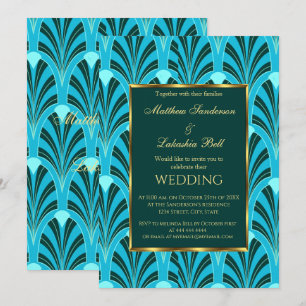 Convite de Casamento Art Deco Verde Escuro Azul Te
