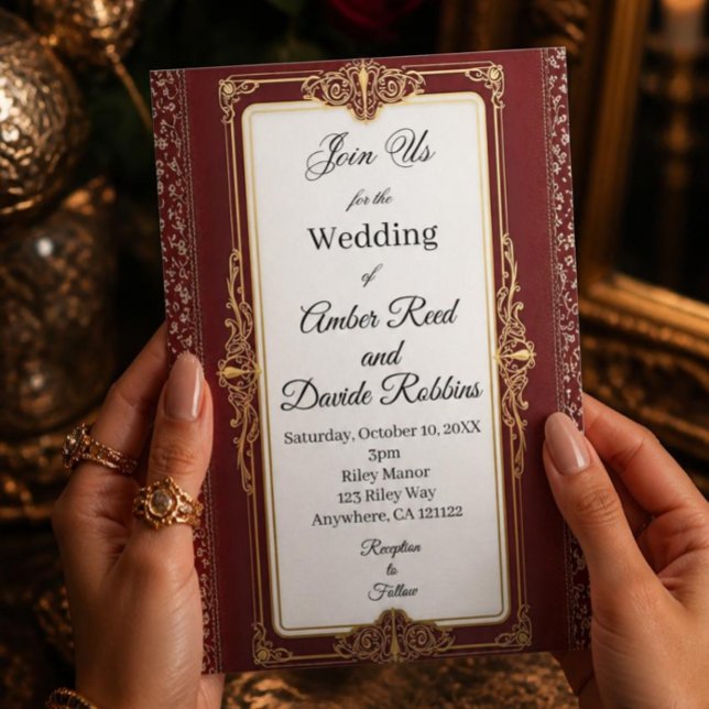 Convite de casamento Art déco vermelho e dourado (Criador carregado)