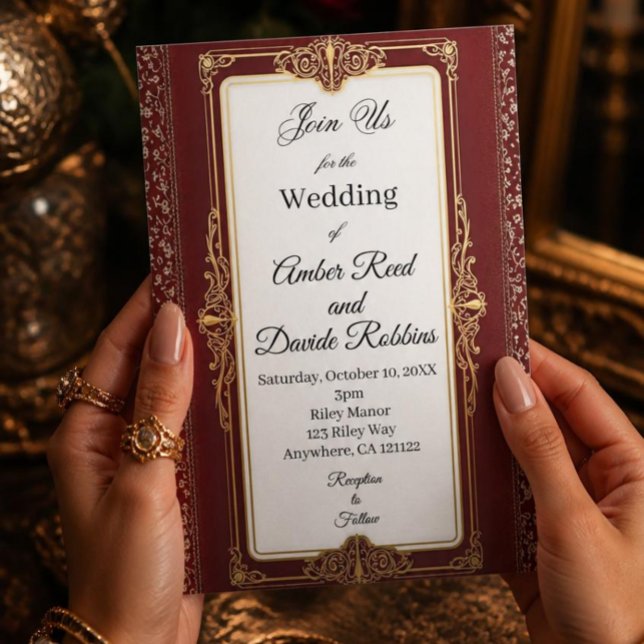 Convite de casamento Art déco vermelho e dourado (Criador carregado)