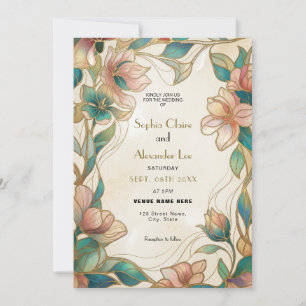 Convite de Casamento Art Nouveau com Turquesa Rosa