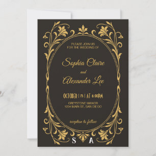 Convite de Casamento Art Nouveau em Ouro Elegante